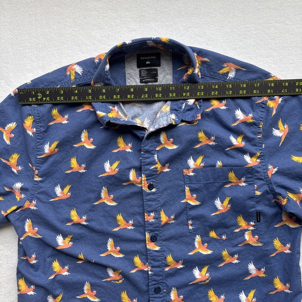 Quiksilver Button Down Shirt Mens Large Blue Tropical Bird Print Modern Fit S/S - Picture 9 of 16